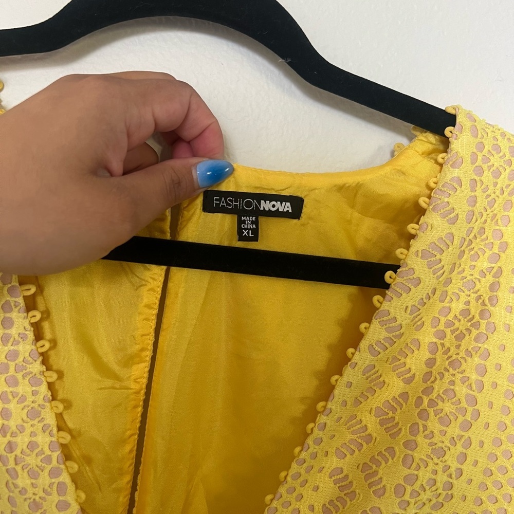 Vibrant Yellow Lace Mini Dress with V-Neck - Picture 2 of 4